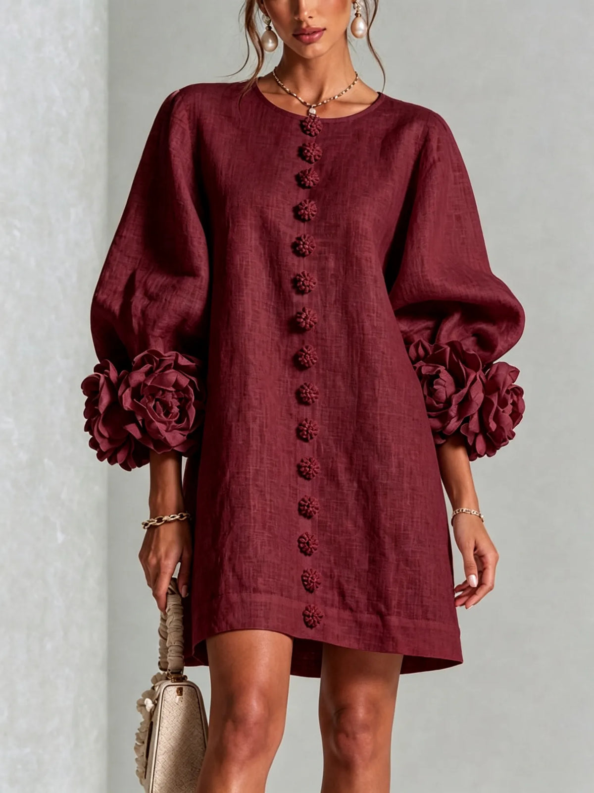 Burgundy Women's Mini Dress with Sculptural Cuffs & Button-Front Design