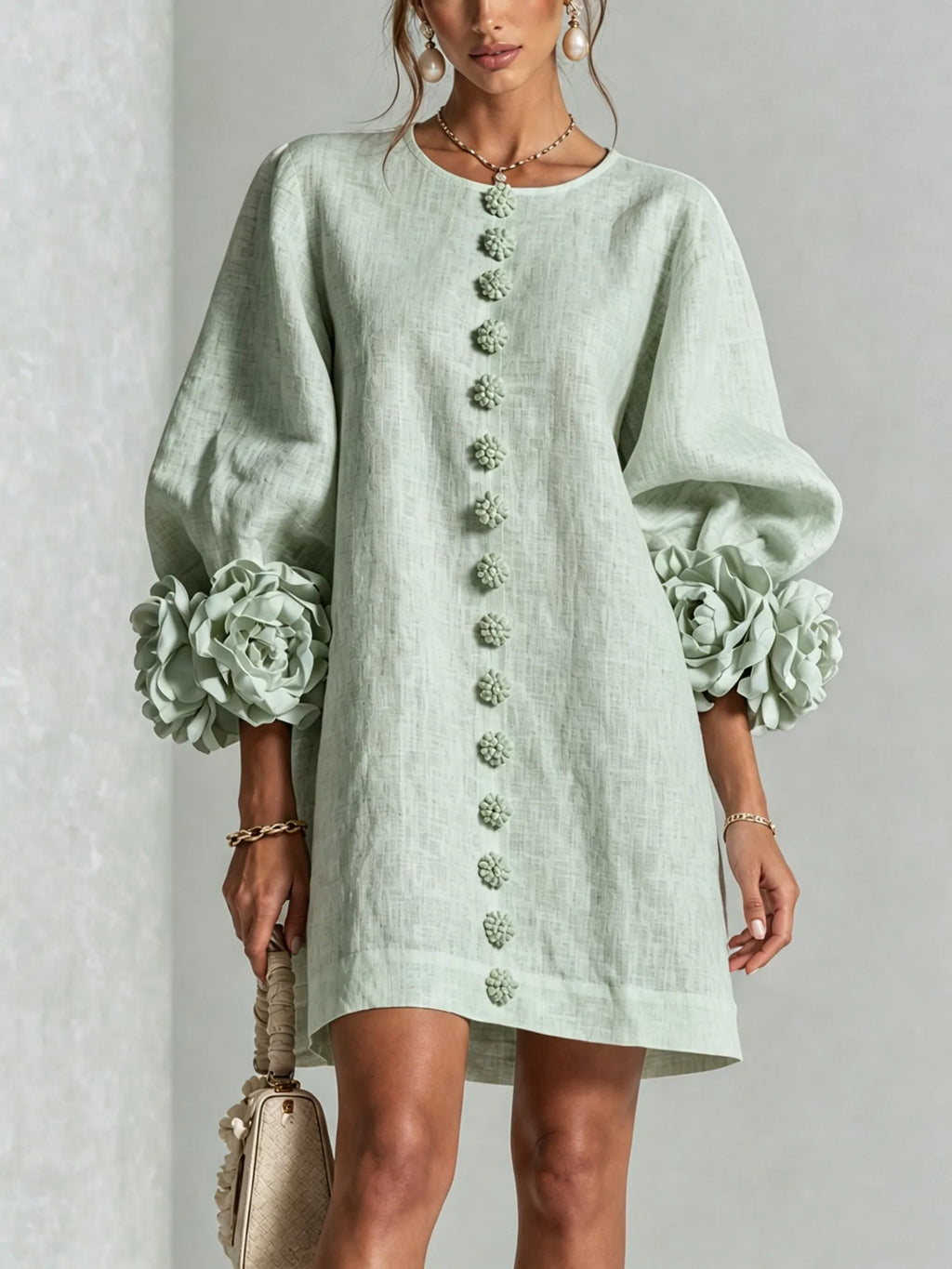 Sage Green Women's Mini Dress with Sculptural Cuffs & Button-Front Design