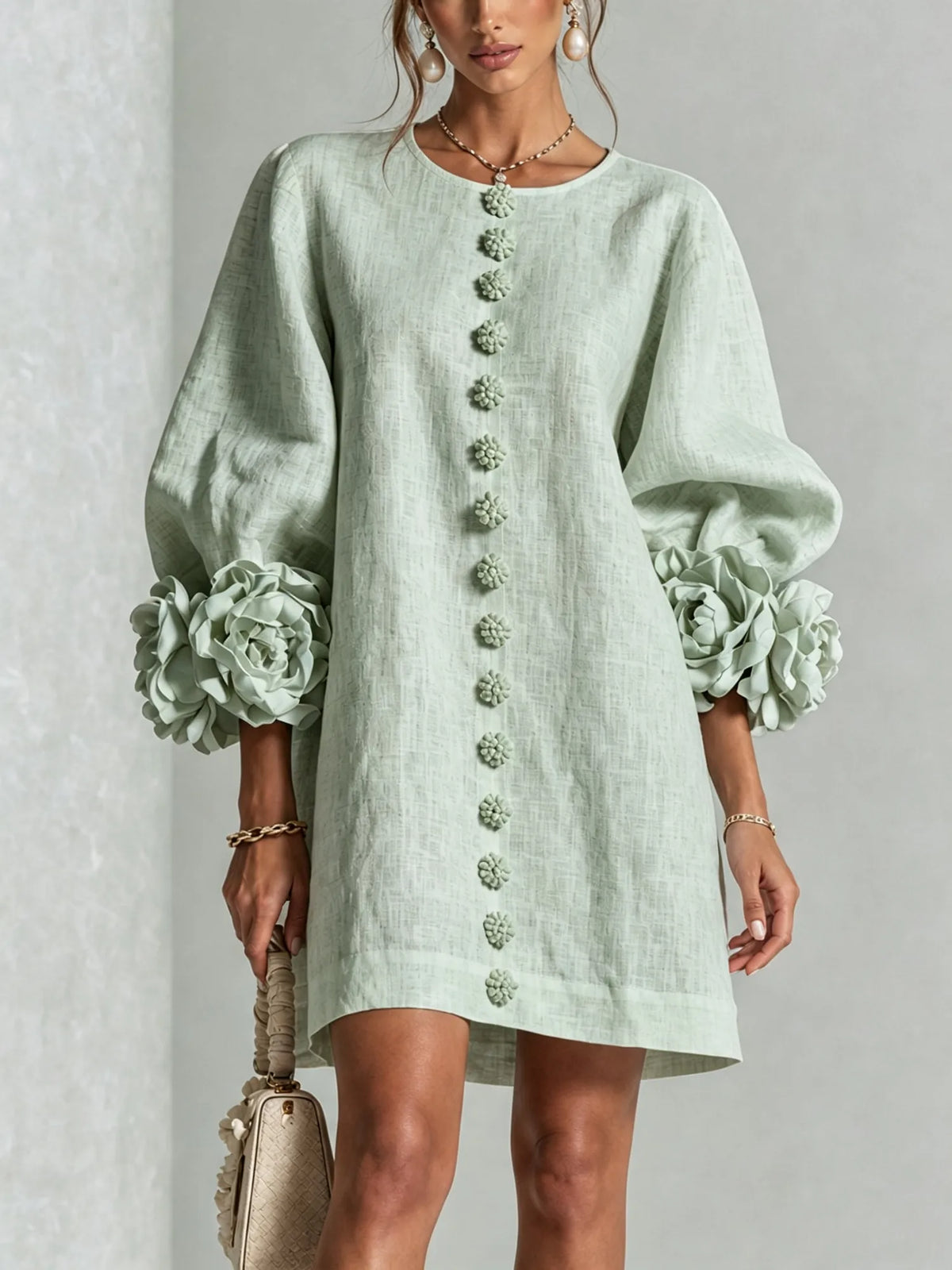 Sage Green Women's Mini Dress with Sculptural Cuffs & Button-Front Design