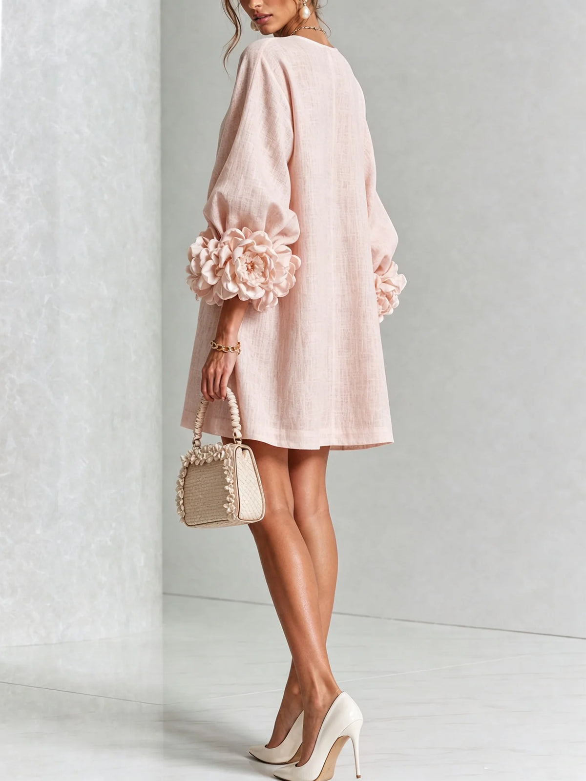 Women's Mini Dress with Sculptural Cuffs & Button-Front Design