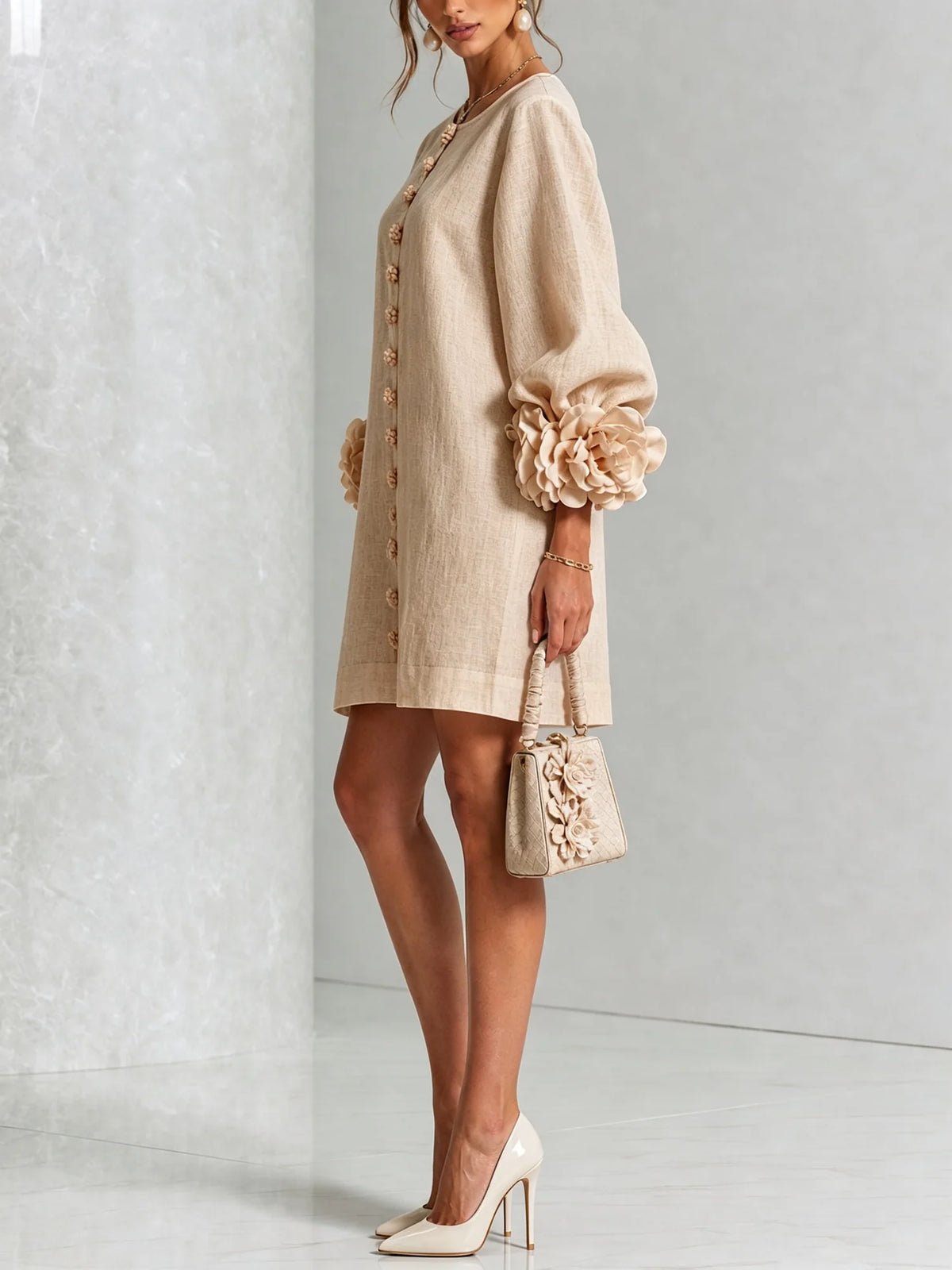 Women's Mini Dress with Sculptural Cuffs & Button-Front Design