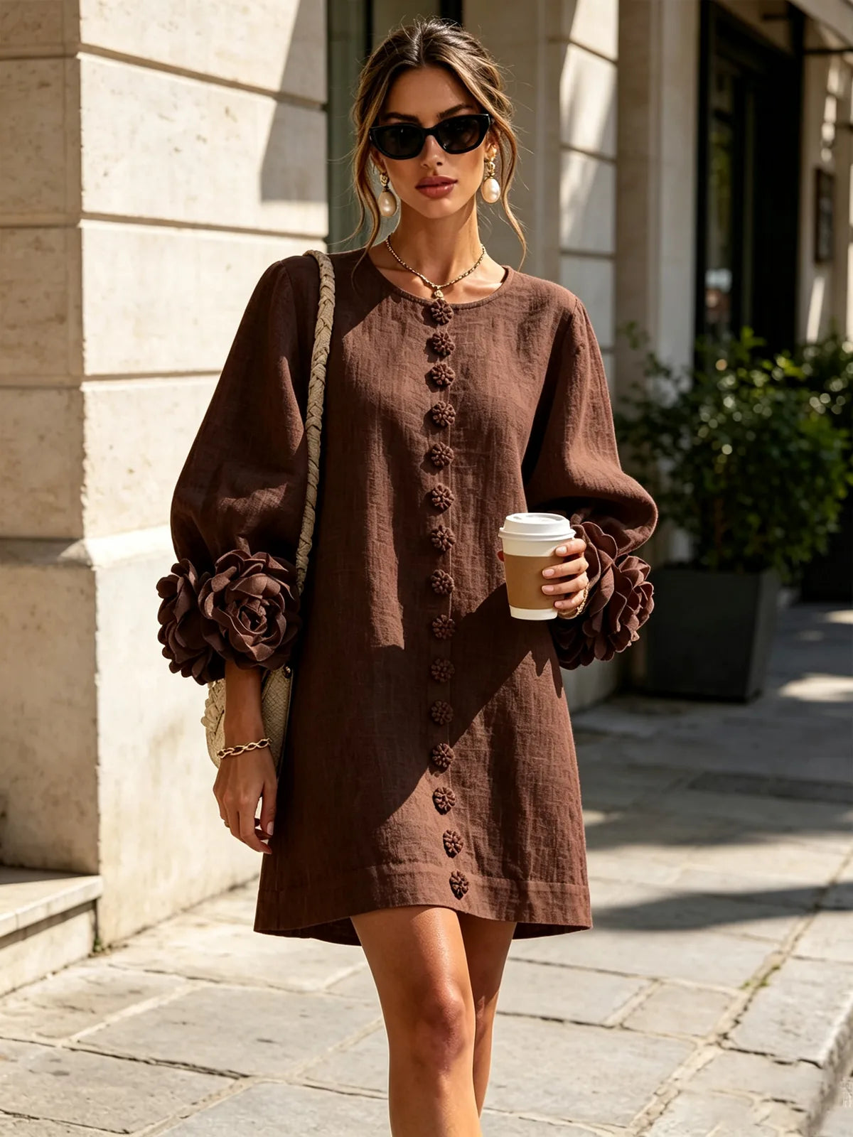 Women's Mini Dress with Sculptural Cuffs & Button-Front Design