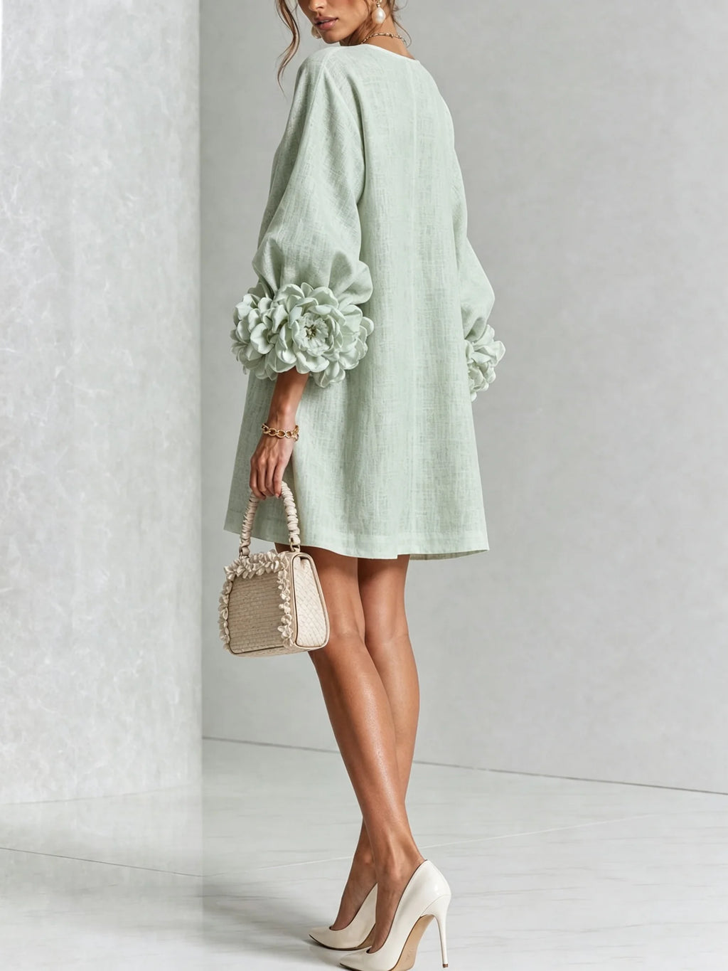 Women's Mini Dress with Sculptural Cuffs & Button-Front Design