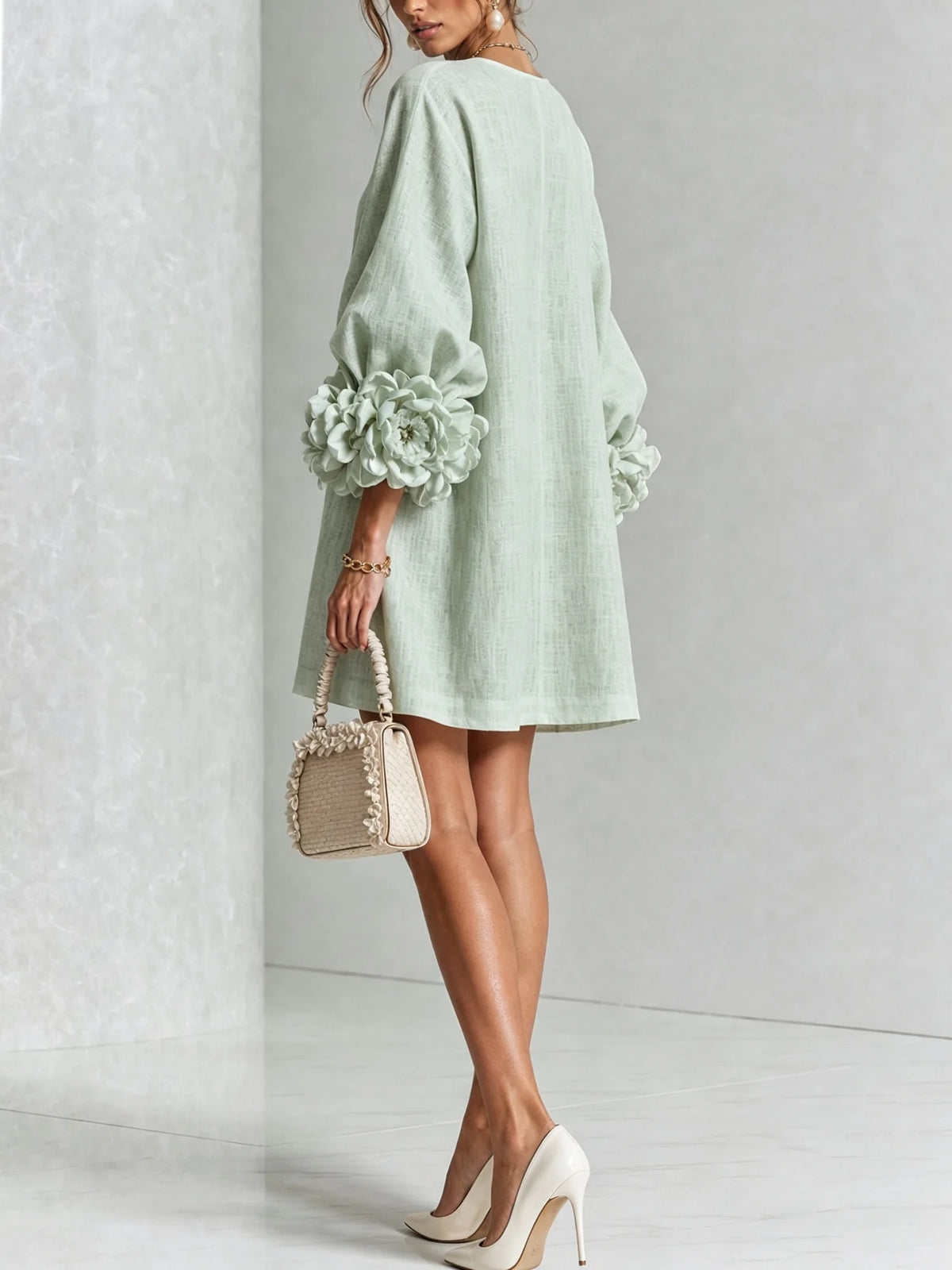 Women's Mini Dress with Sculptural Cuffs & Button-Front Design