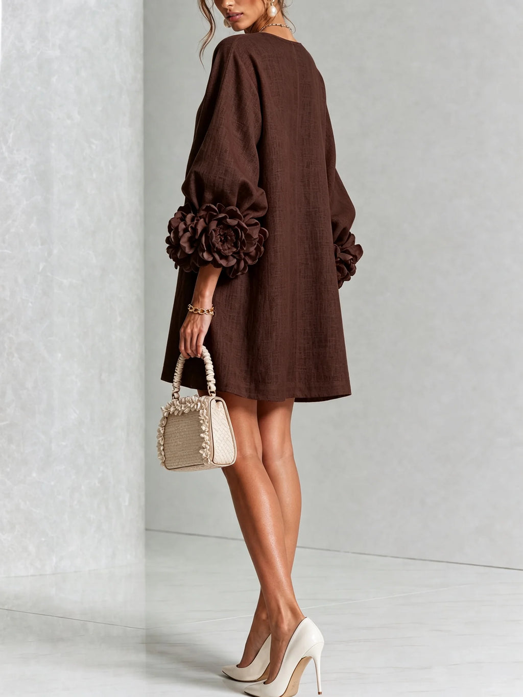 Women's Mini Dress with Sculptural Cuffs & Button-Front Design