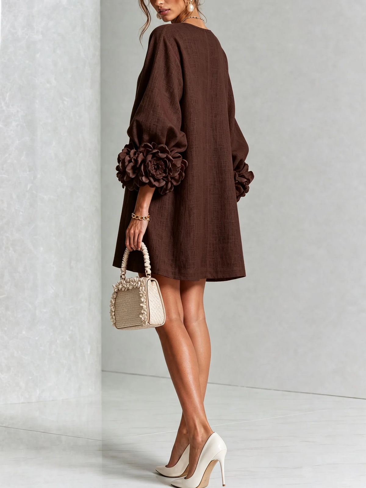 Women's Mini Dress with Sculptural Cuffs & Button-Front Design