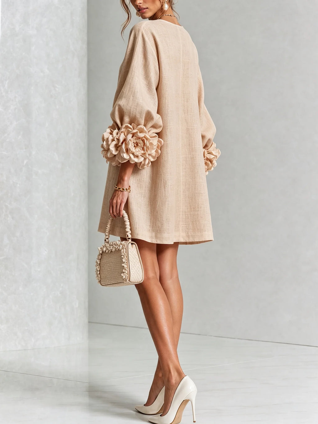 Women's Mini Dress with Sculptural Cuffs & Button-Front Design
