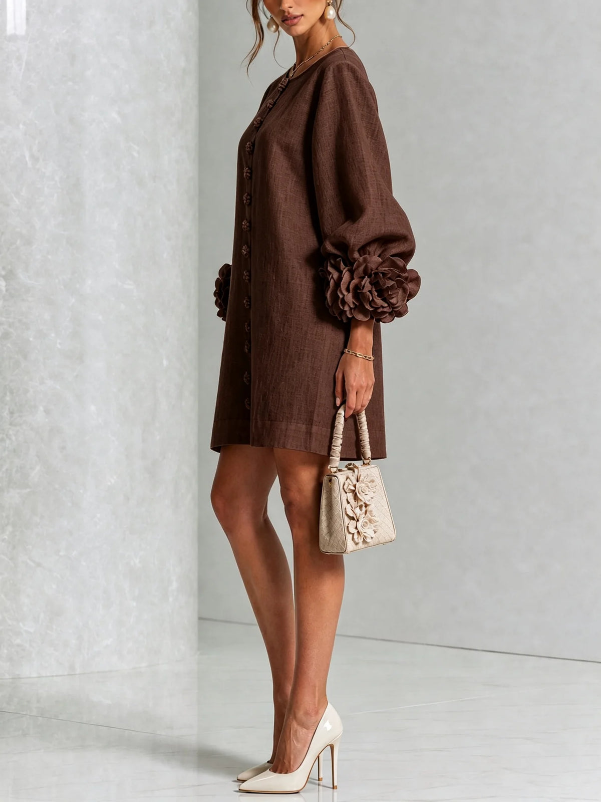 Women's Mini Dress with Sculptural Cuffs & Button-Front Design