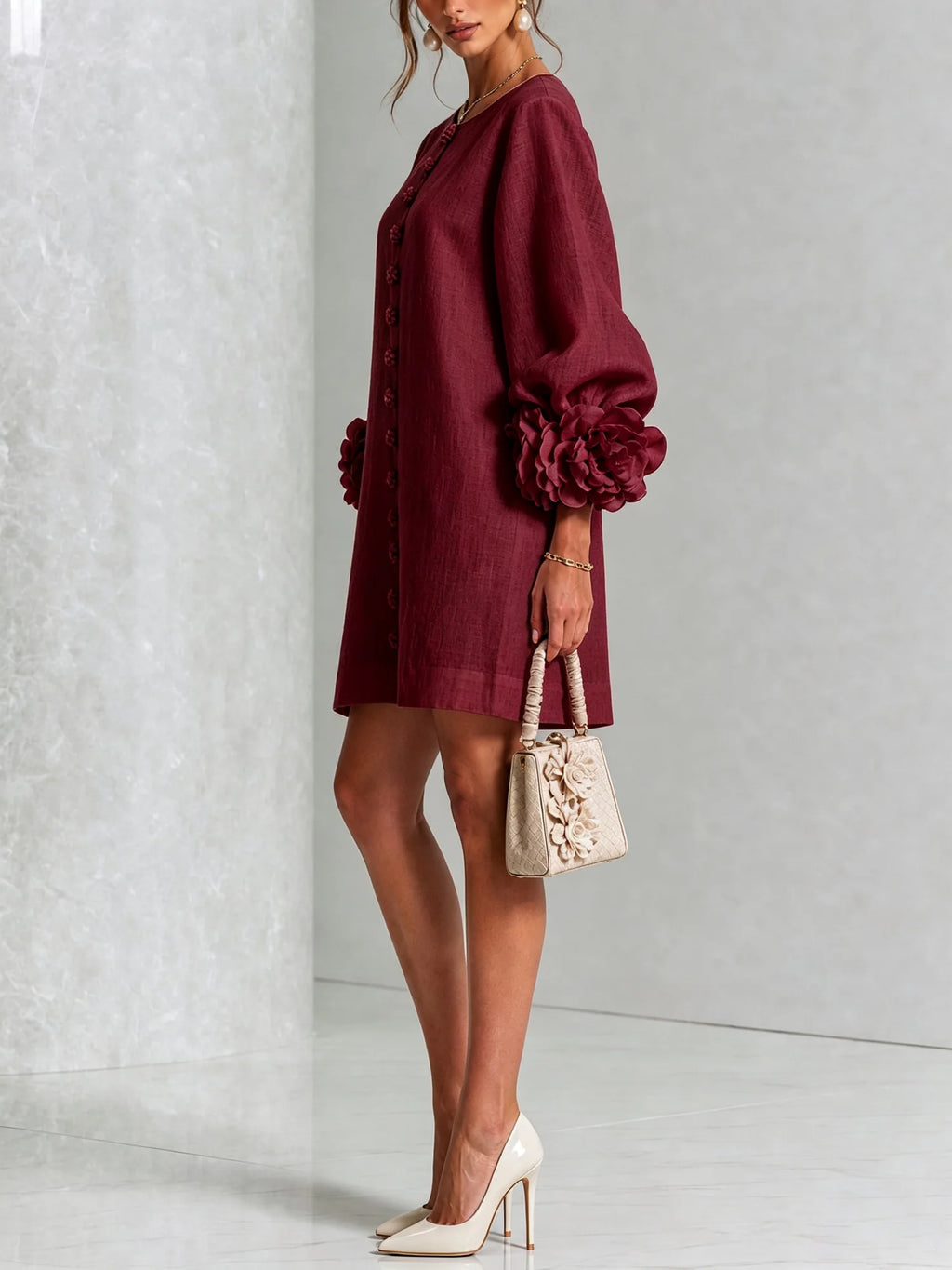 Women's Mini Dress with Sculptural Cuffs & Button-Front Design