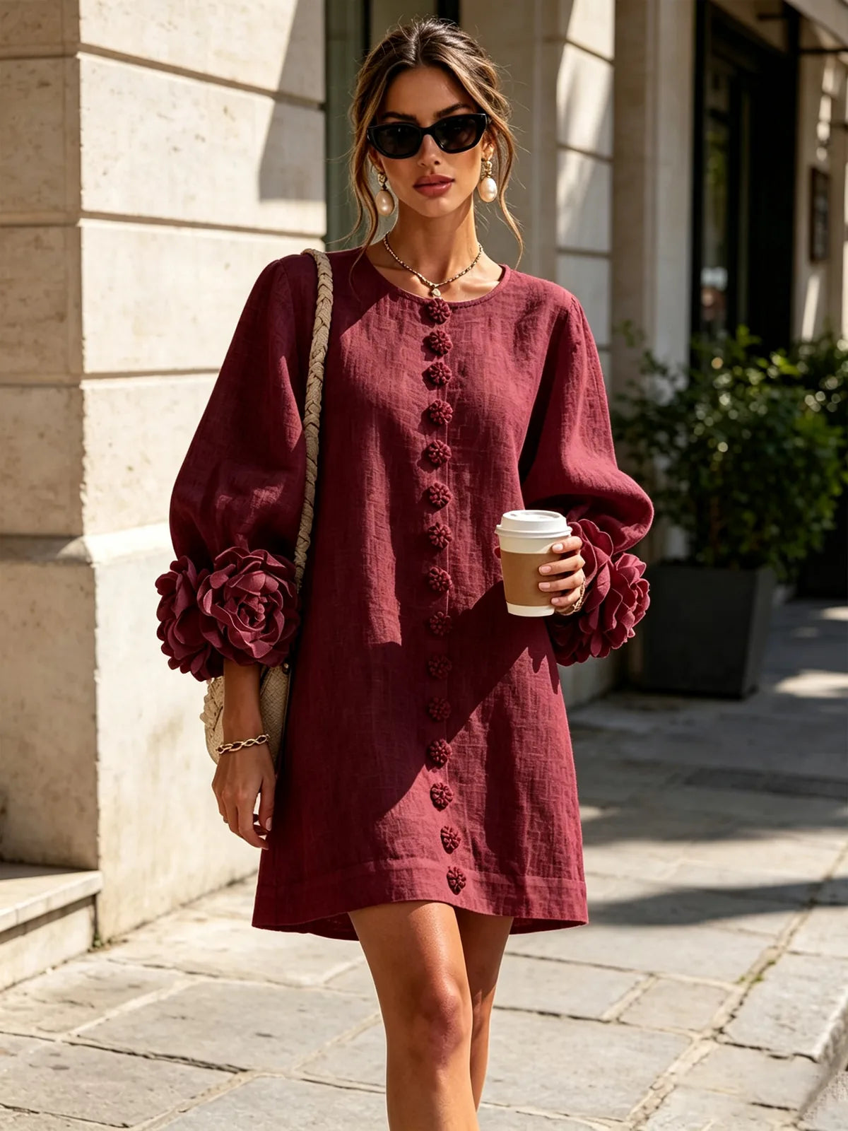 Women's Mini Dress with Sculptural Cuffs & Button-Front Design