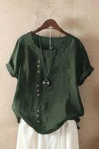 Green Women's Short Sleeve Blouse with Round Neck & Button-Front Detail - Front View
