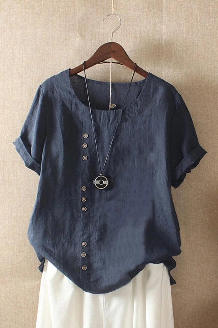 Navy Blue Women's Short Sleeve Blouse with Round Neck & Button-Front Detail - Front Hanging