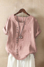Pink Women's Short Sleeve Blouse with Round Neck & Button-Front Detail - Necklace Detail