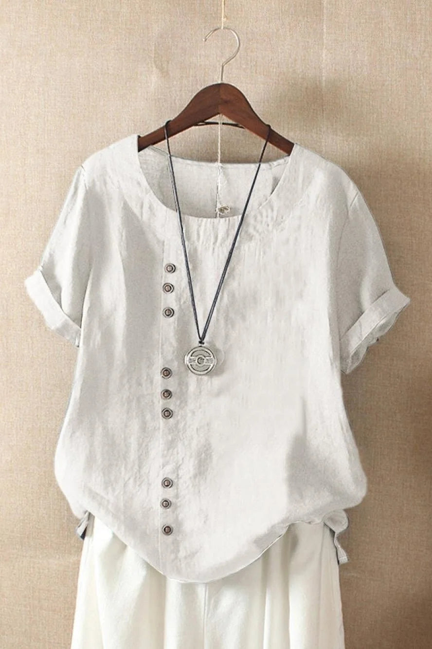 White Women's Short Sleeve Blouse with Round Neck & Button-Front Detail - Button Detail