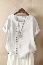 White Women's Short Sleeve Blouse with Round Neck & Button-Front Detail - Button Detail