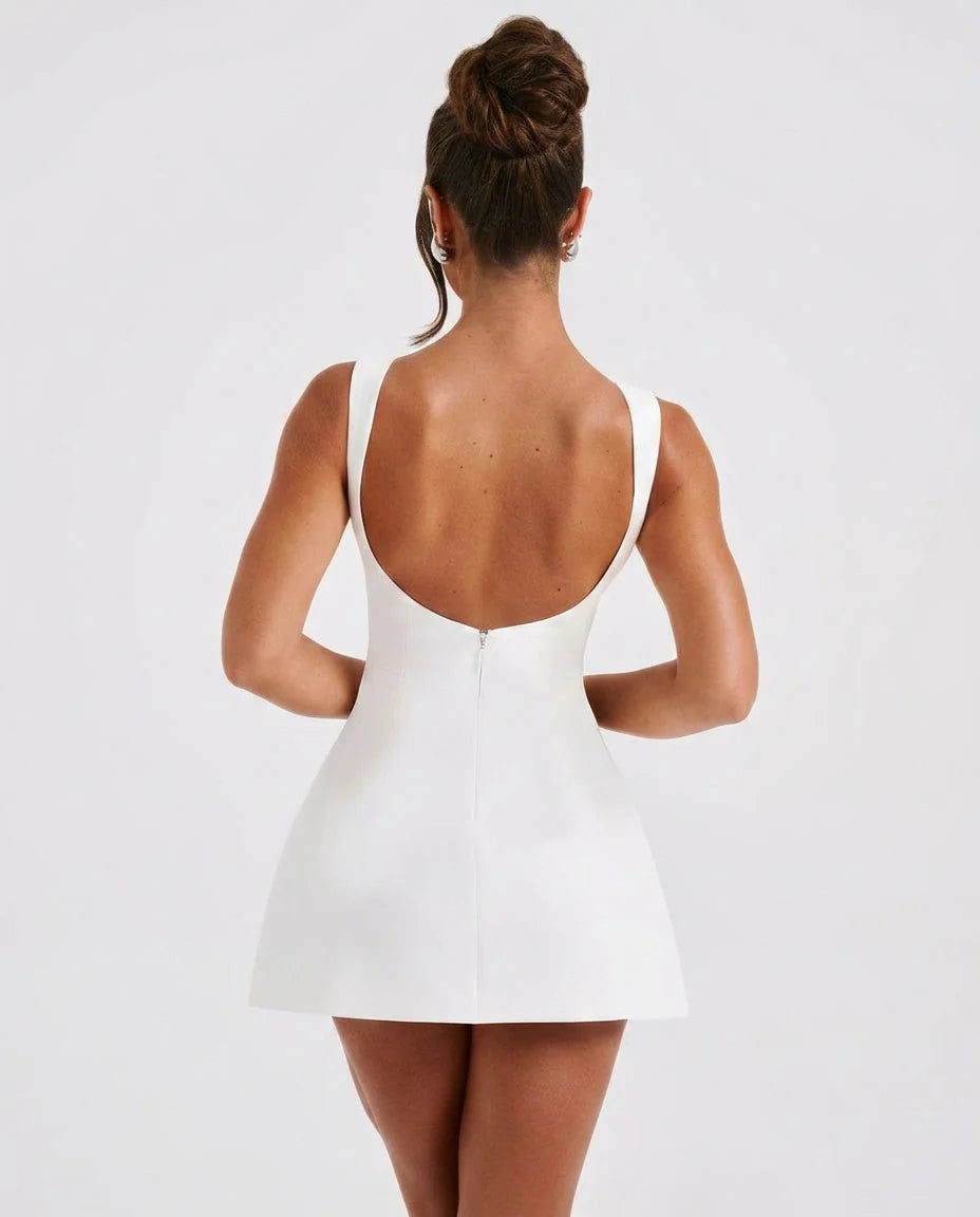 Women's Ruched Mini Dress with Sleeveless Bodycon Fit - Back Detail