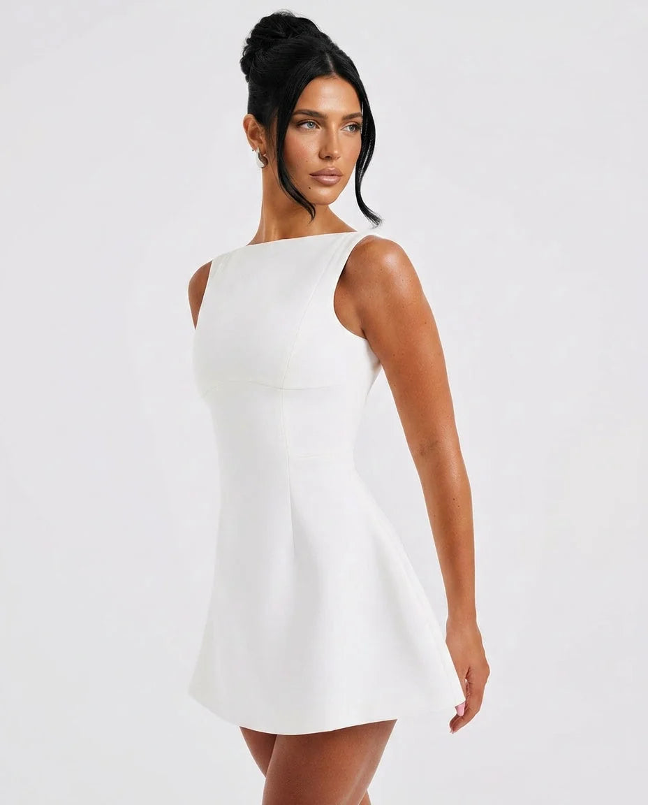 Women's Ruched Mini Dress with Sleeveless Bodycon Fit - Side Pose