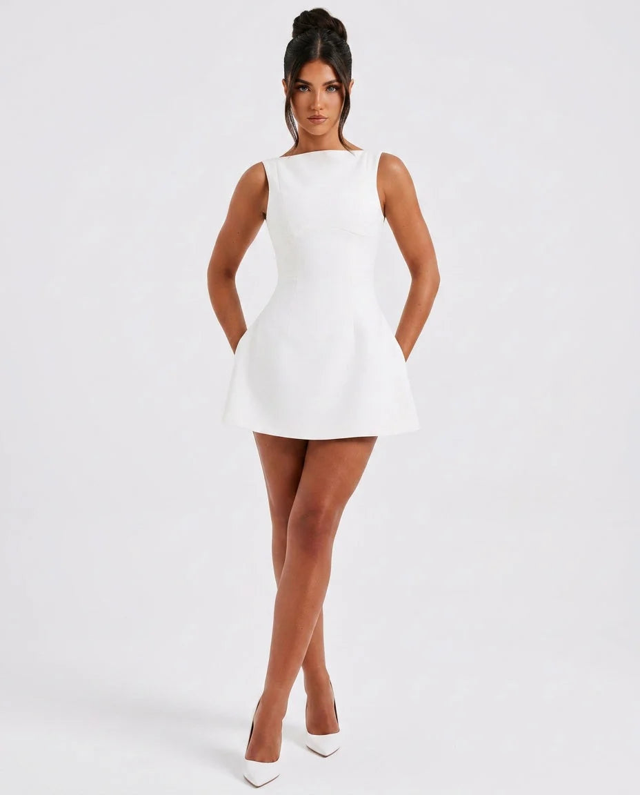 White Women's Ruched Mini Dress with Sleeveless Bodycon Fit