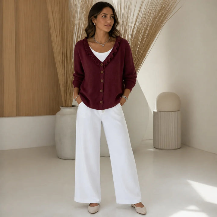 Burgundy Women's Ruffle Collar Cardigan with Button-Front Closure & Relaxed Fit