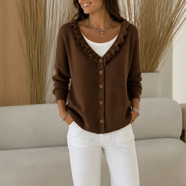 Dark Brown Women's Ruffle Collar Cardigan with Button-Front Closure & Relaxed Fit