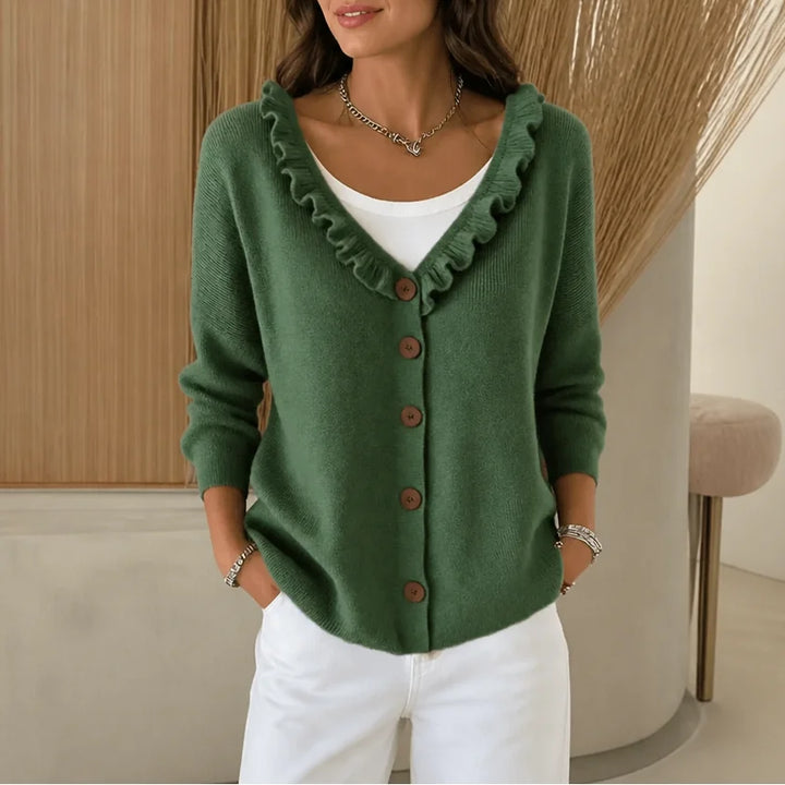 Green Women's Ruffle Collar Cardigan with Button-Front Closure & Relaxed Fit