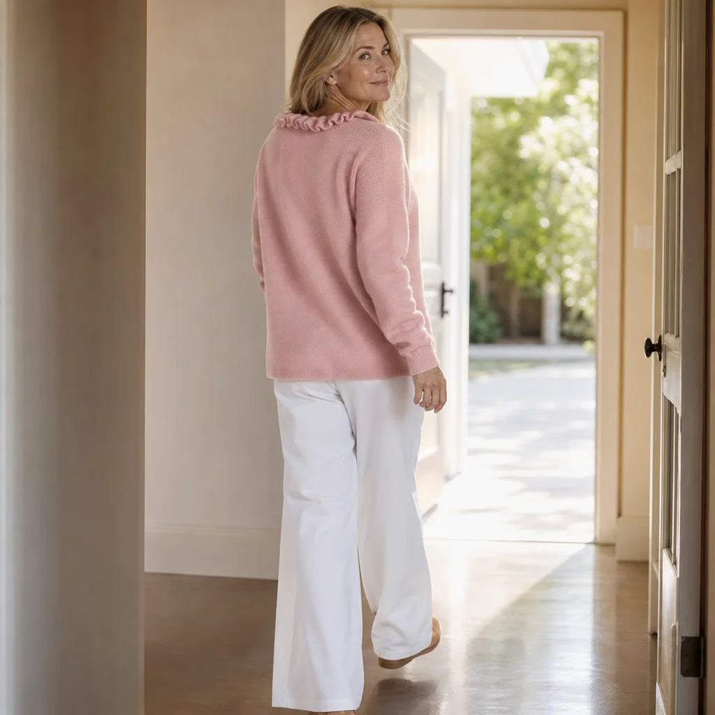 Pink Women's Ruffle Collar Cardigan with Button-Front Closure & Relaxed Fit — Wendy - Back Full Walking