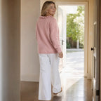 Pink Women's Ruffle Collar Cardigan with Button-Front Closure & Relaxed Fit — Wendy - Back Full Walking
