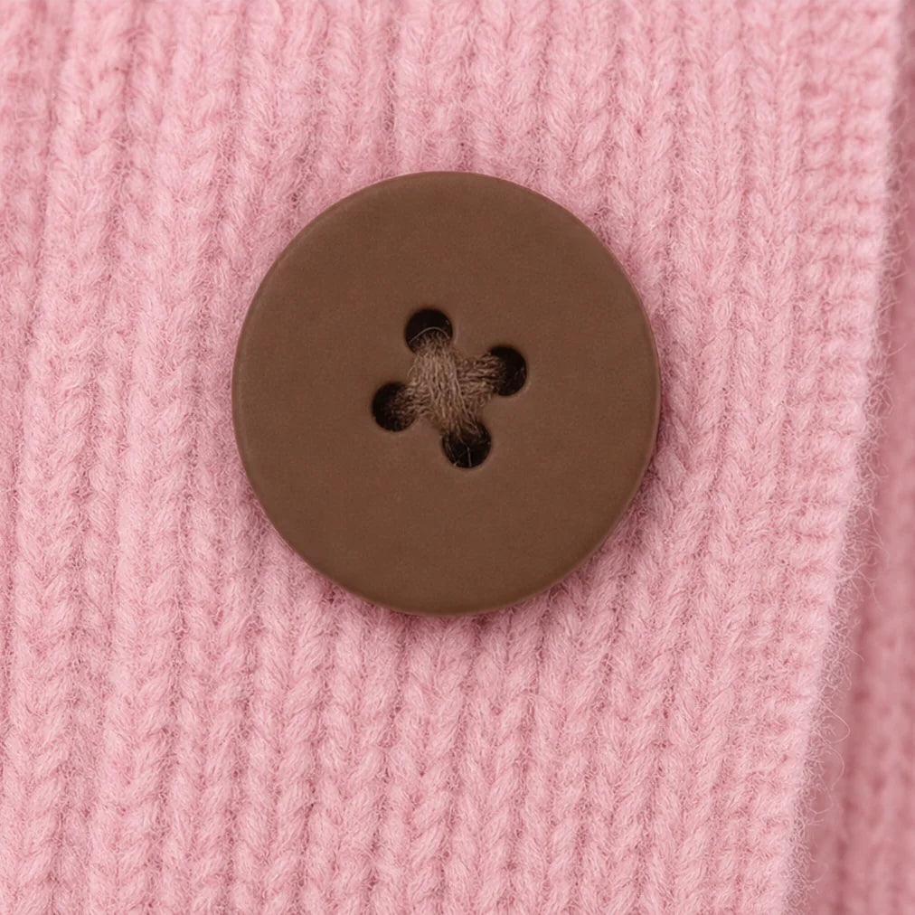 Pink Women's Ruffle Collar Cardigan with Button-Front Closure & Relaxed Fit — Wendy - Button Close Up