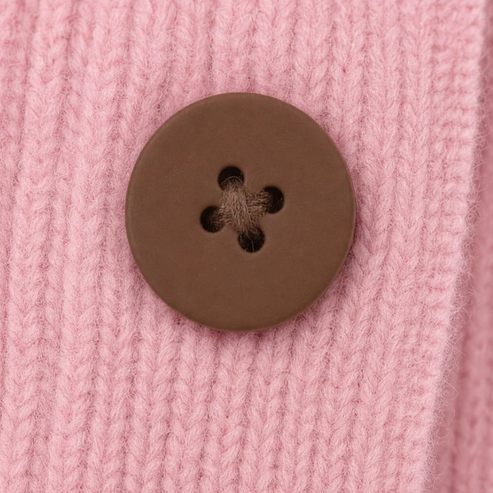 Pink Women's Ruffle Collar Cardigan with Button-Front Closure & Relaxed Fit — Wendy - Button Close Up
