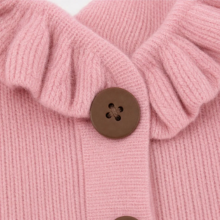 Pink Women's Ruffle Collar Cardigan with Button-Front Closure & Relaxed Fit — Wendy - Collar Button Detail