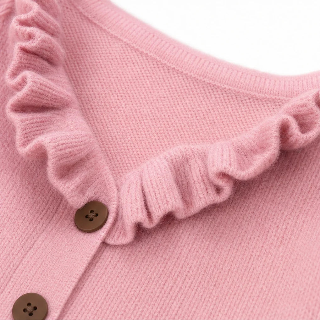 Pink Women's Ruffle Collar Cardigan with Button-Front Closure & Relaxed Fit — Wendy - Ruffle Neckline Close Up