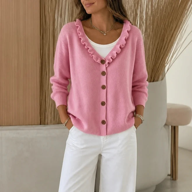 Pink Women's Ruffle Collar Cardigan with Button-Front Closure & Relaxed Fit