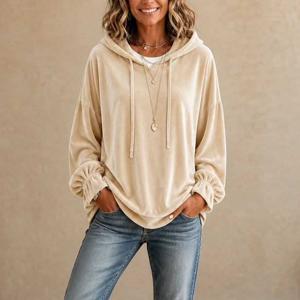 Apricot Women's Velvet Hoodie with Drawstring Hood & Gathered Cuffs