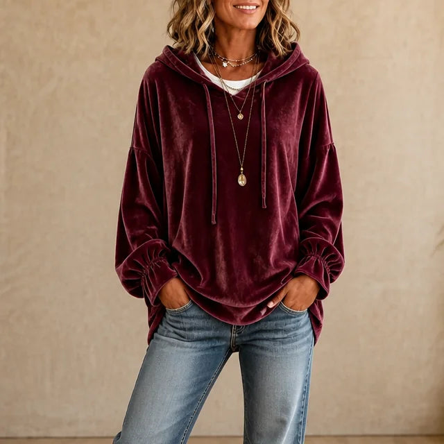 Burgundy Women's Velvet Hoodie with Drawstring Hood & Gathered Cuffs