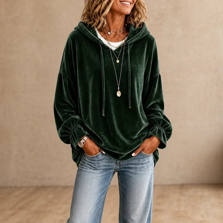 Green Women's Velvet Hoodie with Drawstring Hood & Gathered Cuffs — Rita