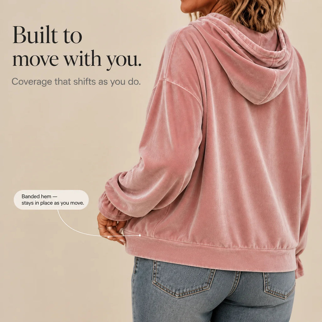 Pink Women's Velvet Hoodie with Ruffle Cuffs & Relaxed Fit — Liv - Back Hem Detail