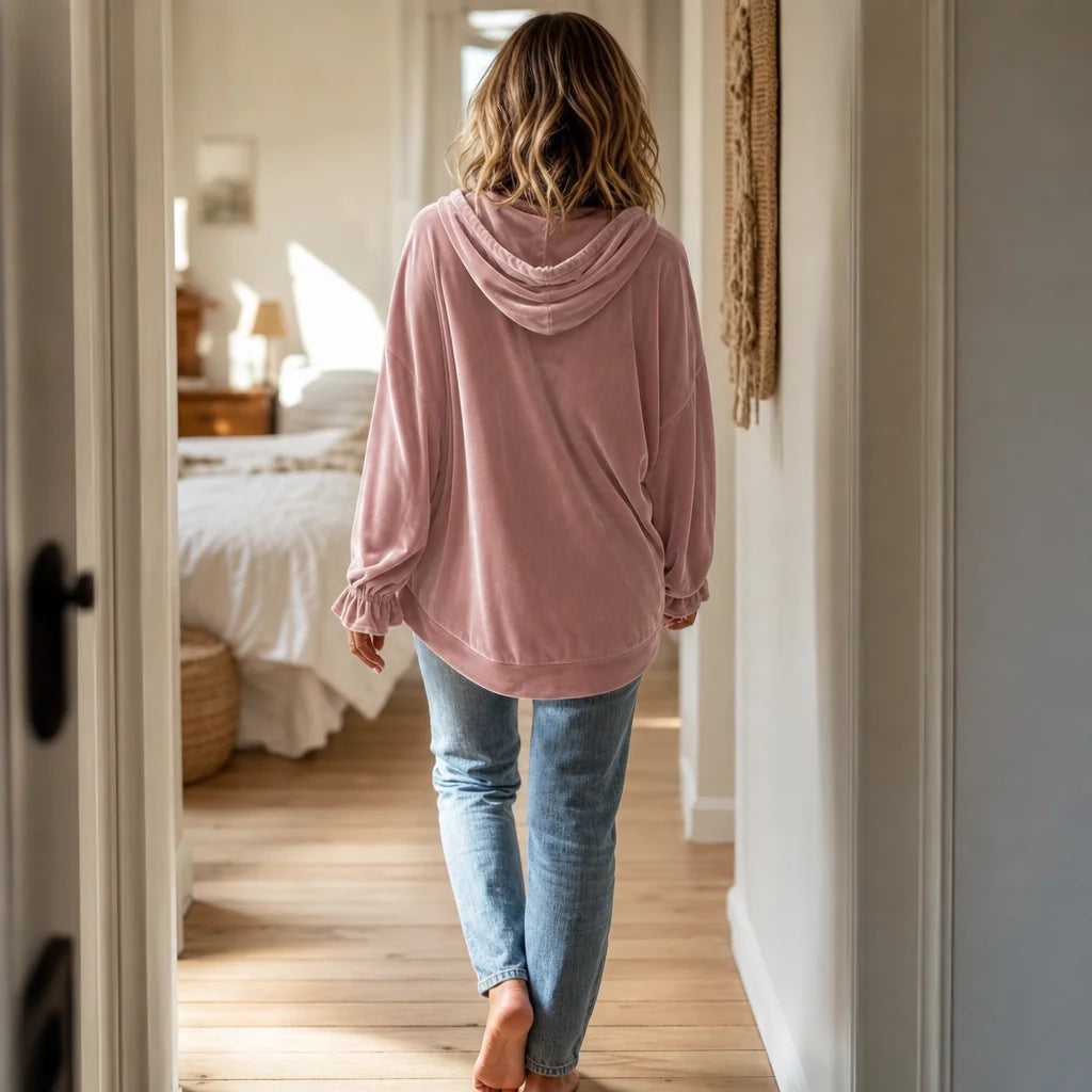 Pink Women's Velvet Hoodie with Drawstring Hood & Gathered Cuffs — Rita - Back Walking Hallway
