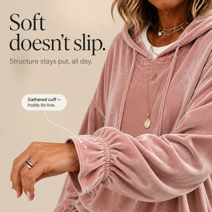 Pink Women's Velvet Hoodie with Drawstring Hood & Gathered Cuffs — Rita - Cuff Detail Infographic