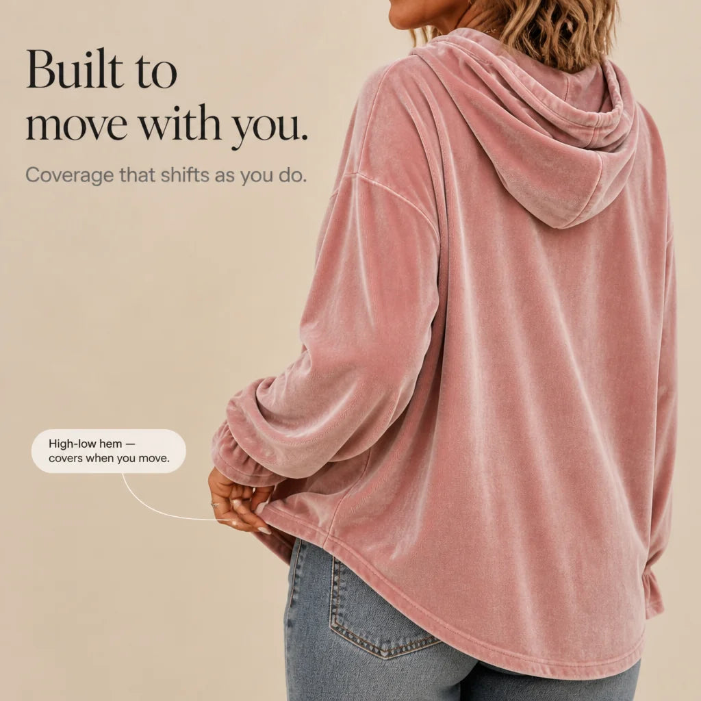Pink Women's Velvet Hoodie with Drawstring Hood & Gathered Cuffs — Rita - Hem Detail Infographic
