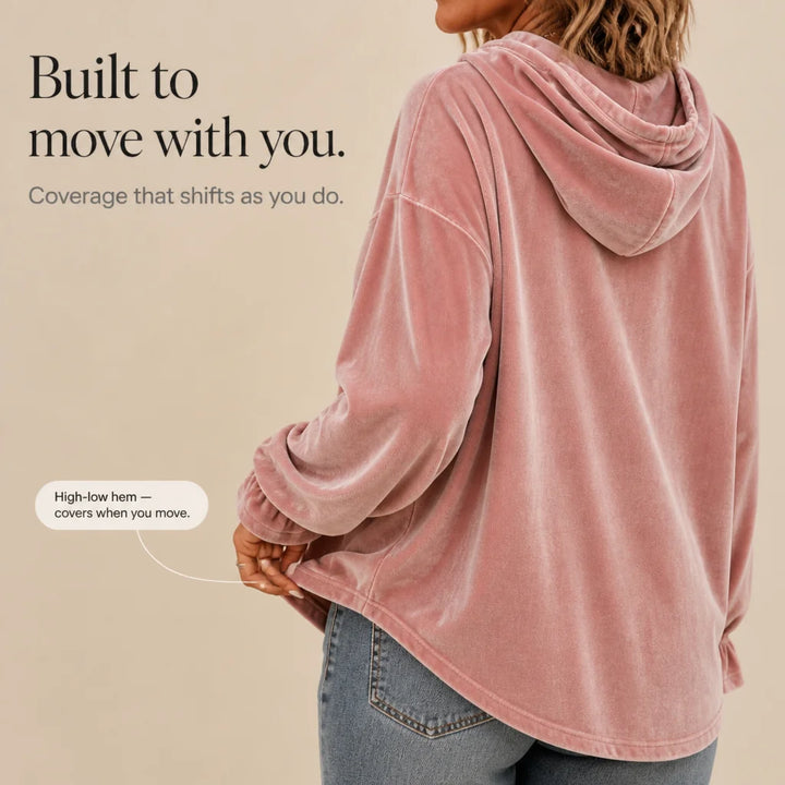 Pink Women's Velvet Hoodie with Drawstring Hood & Gathered Cuffs — Rita - Hem Detail Infographic