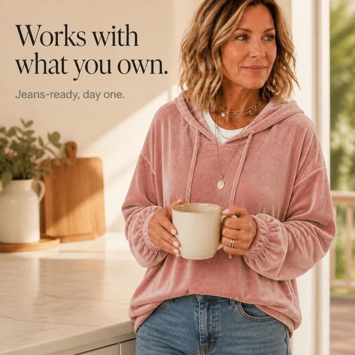 Pink Women's Velvet Hoodie with Drawstring Hood & Gathered Cuffs — Rita - Mug Lifestyle Infographic