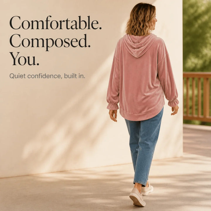 Pink Women's Velvet Hoodie with Drawstring Hood & Gathered Cuffs — Rita - Outdoor Walking Infographic