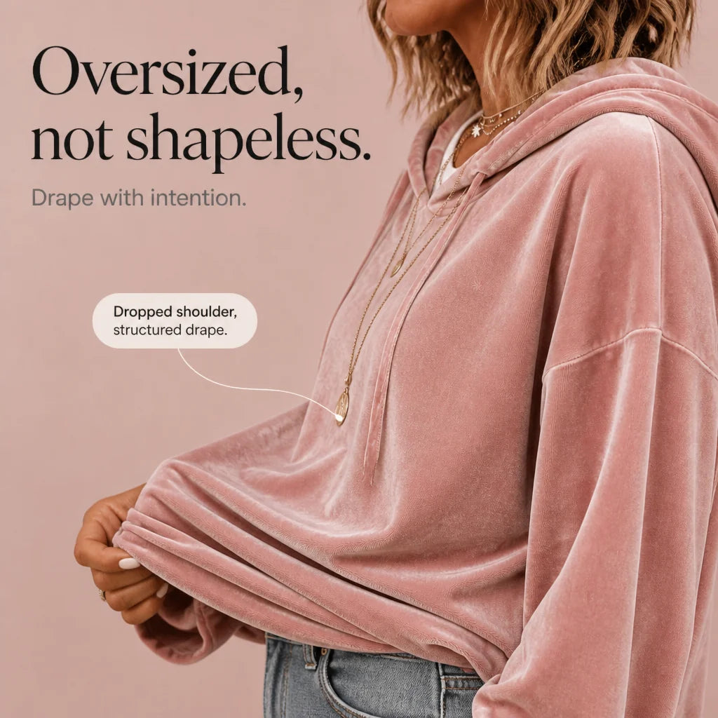 Pink Women's Velvet Hoodie with Drawstring Hood & Gathered Cuffs — Rita - Shoulder Detail Infographic