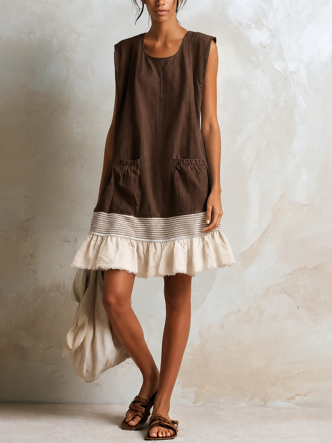 Brown Women's Cotton Tunic Dress with Ruffle Hem & Striped Trim — Persephone