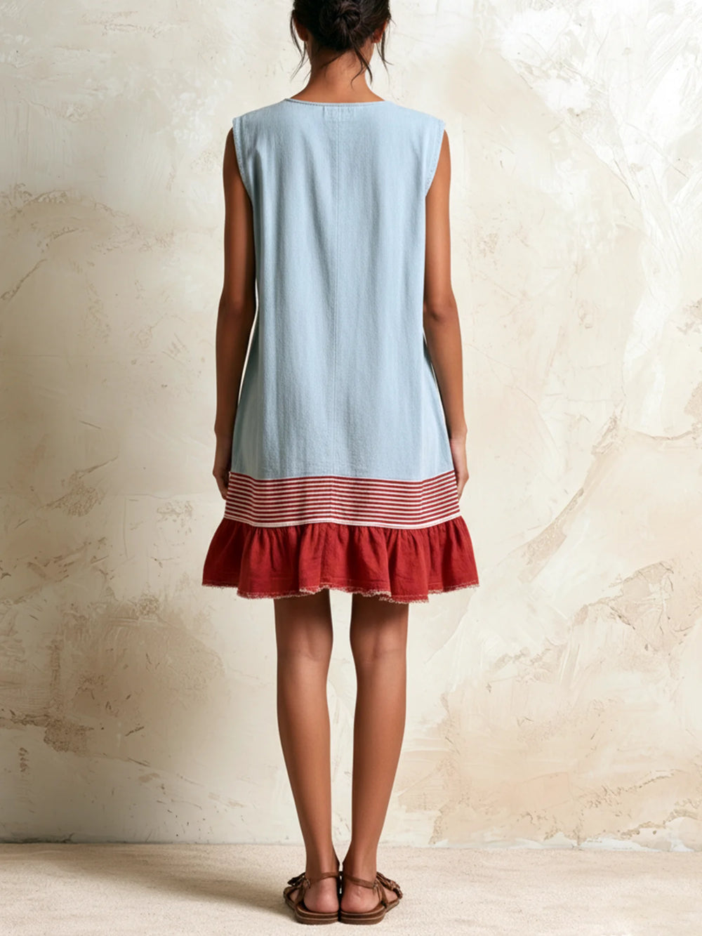 Light Blue Women's Cotton Tunic Dress with Ruffle Hem & Striped Trim — Persephone - Front Pose