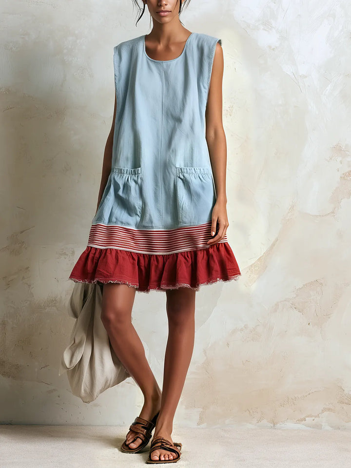 Light Blue Women's Cotton Tunic Dress with Ruffle Hem & Striped Trim — Persephone