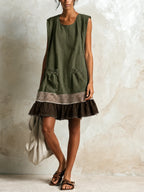 Olive Women's Cotton Tunic Dress with Ruffle Hem & Striped Trim — Persephone