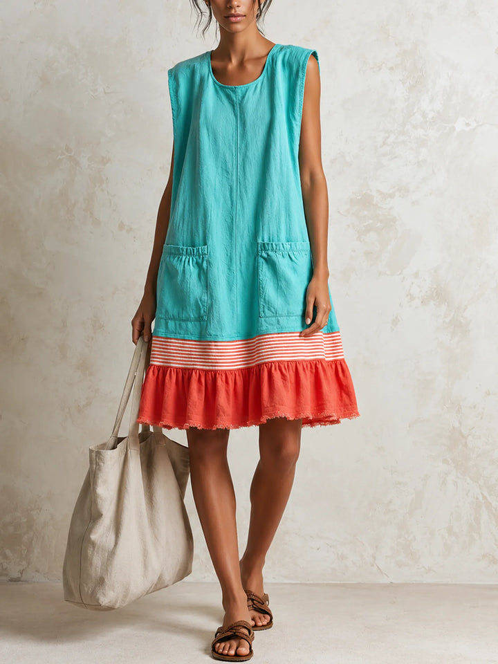 Teal Women's Cotton Tunic Dress with Ruffle Hem & Striped Trim — Persephone
