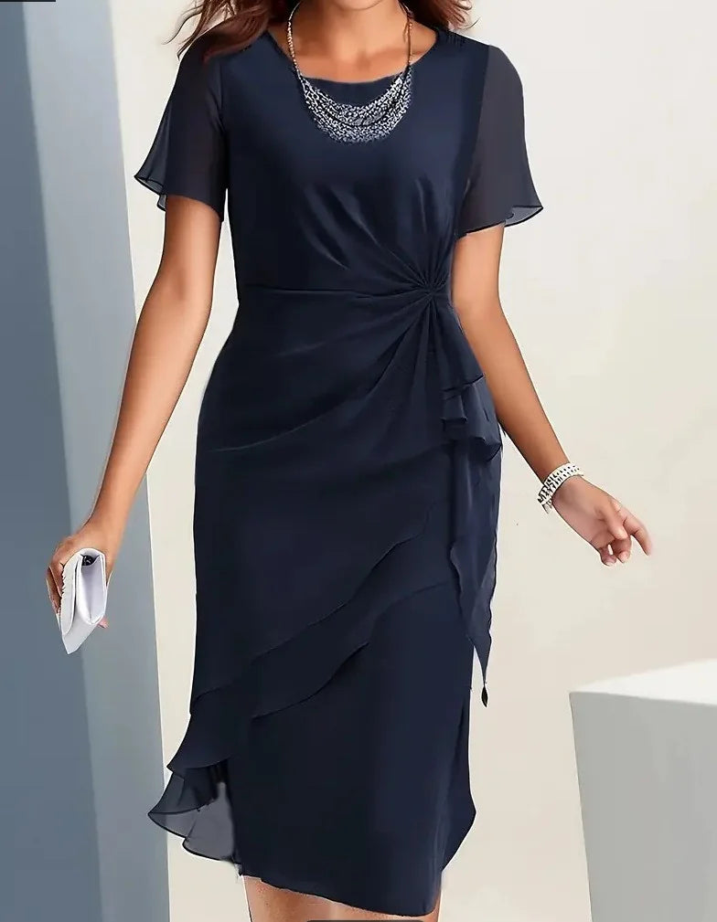 Navy Blue Women's Ruffle Midi Dress with Ruched Waist & Flutter Sleeves
