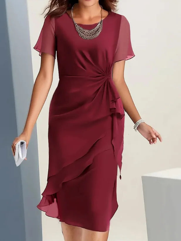 Wine Red Women's Ruffle Midi Dress with Ruched Waist & Flutter Sleeves